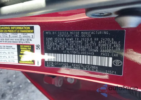 2020 Toyota Camry Le Awd z USA, uszkodzony, nr VIN 4T1L11BK5LU003449